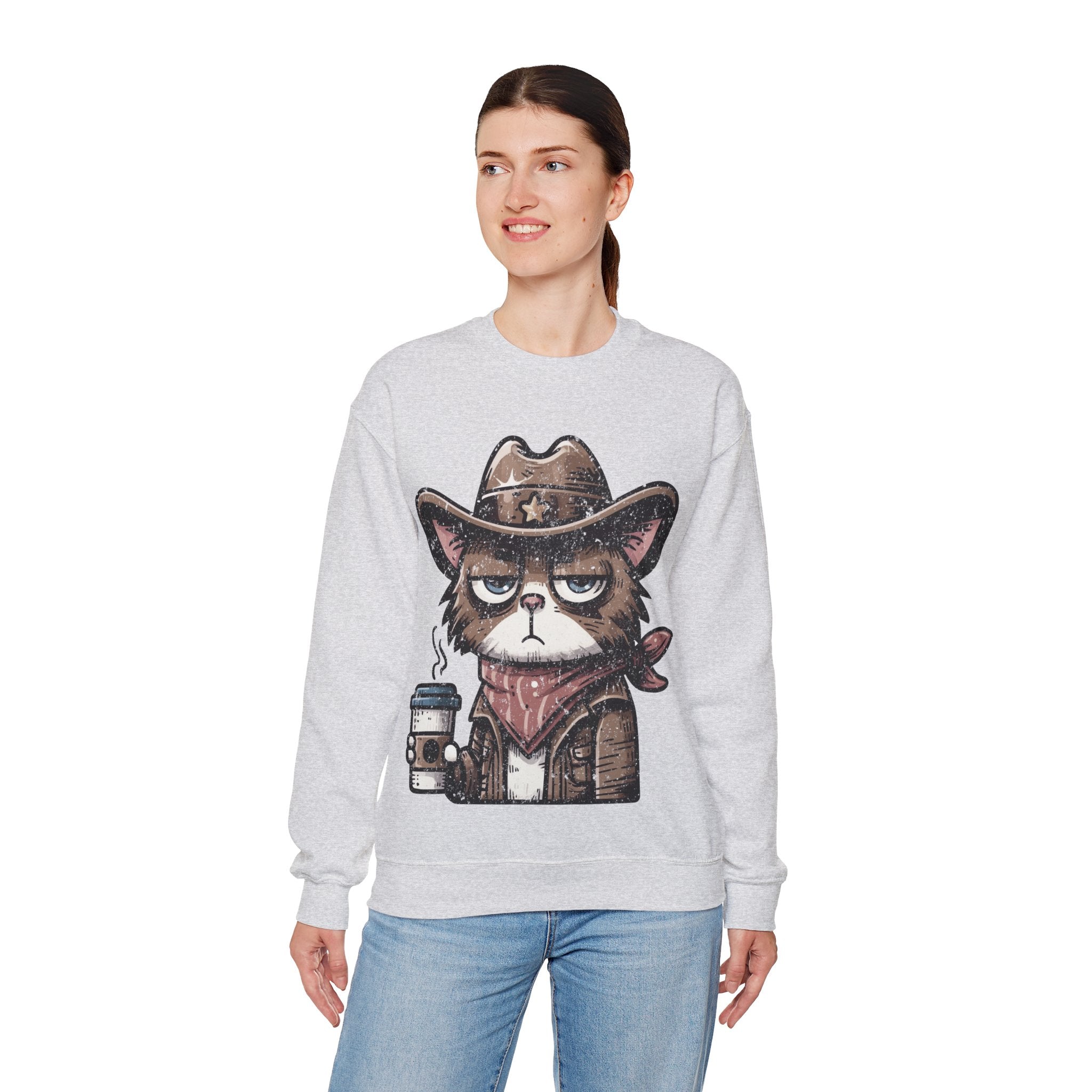 Cowboy Cat Sweatshirt, Funny Western Sweatshirt, Cute Road Trip Graphic Sweater, Grumpy Cat | Family, Friends & Group Travel Apparel & Accessories | Travel Lifestyle Store | FrappeToGo