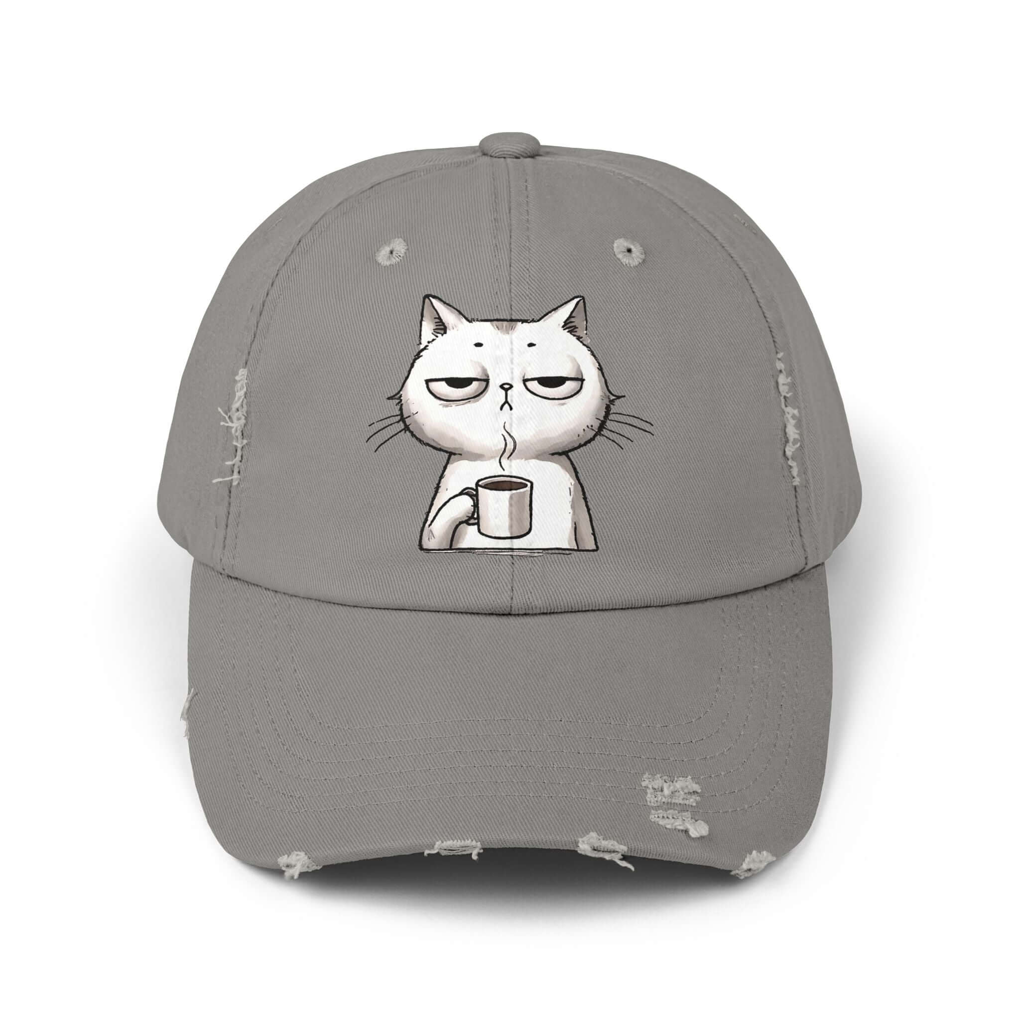 Funny Cat and Coffee Lover Cap, Cat Drinking Coffee, Unisex Distressed Cap, Do I Look Like I Fly Economy? | Family, Friends & Group Travel Apparel & Accessories | Travel Lifestyle Store | FrappeToGo