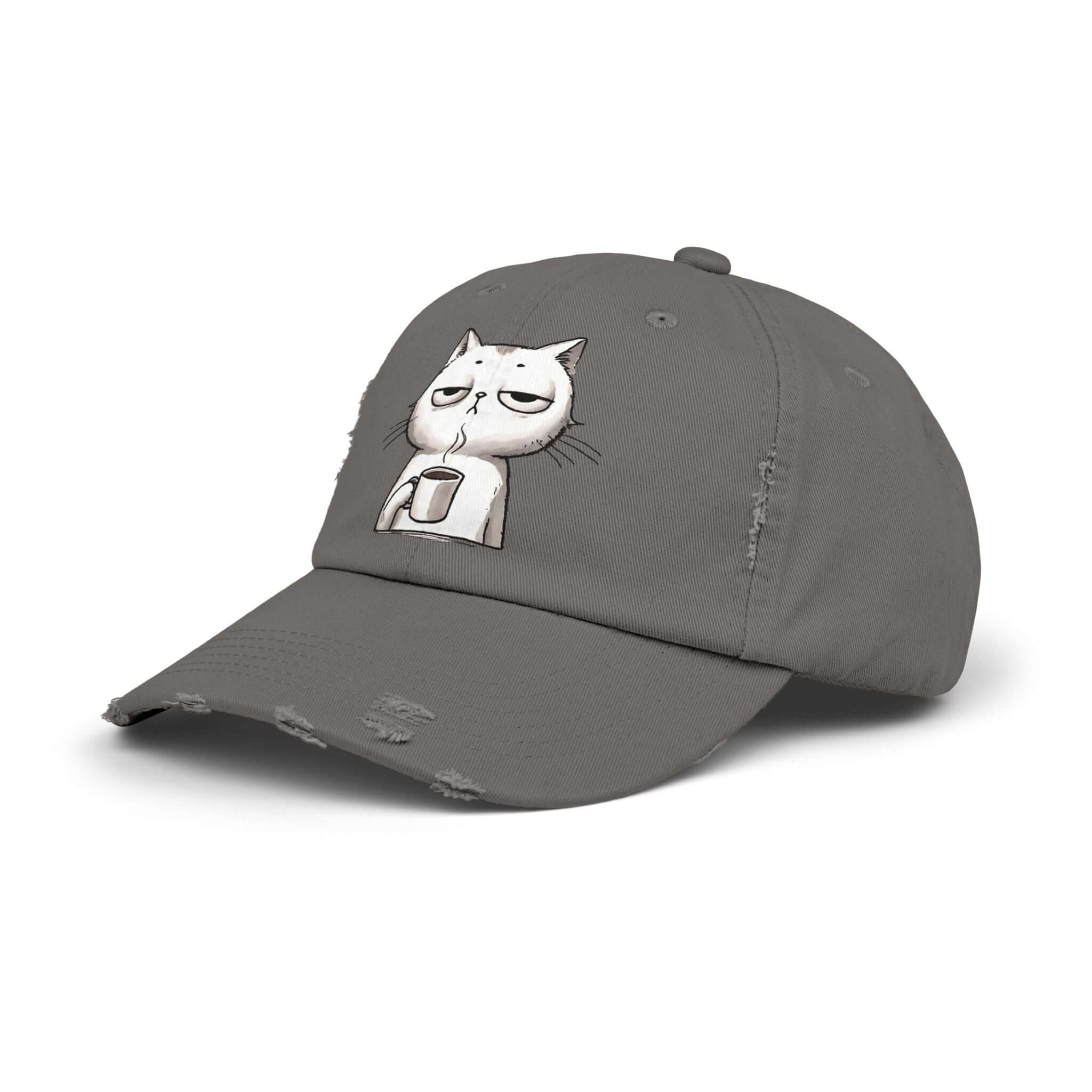 Funny Cat and Coffee Lover Cap, Cat Drinking Coffee, Unisex Distressed Cap, Do I Look Like I Fly Economy? | Family, Friends & Group Travel Apparel & Accessories | Travel Lifestyle Store | FrappeToGo