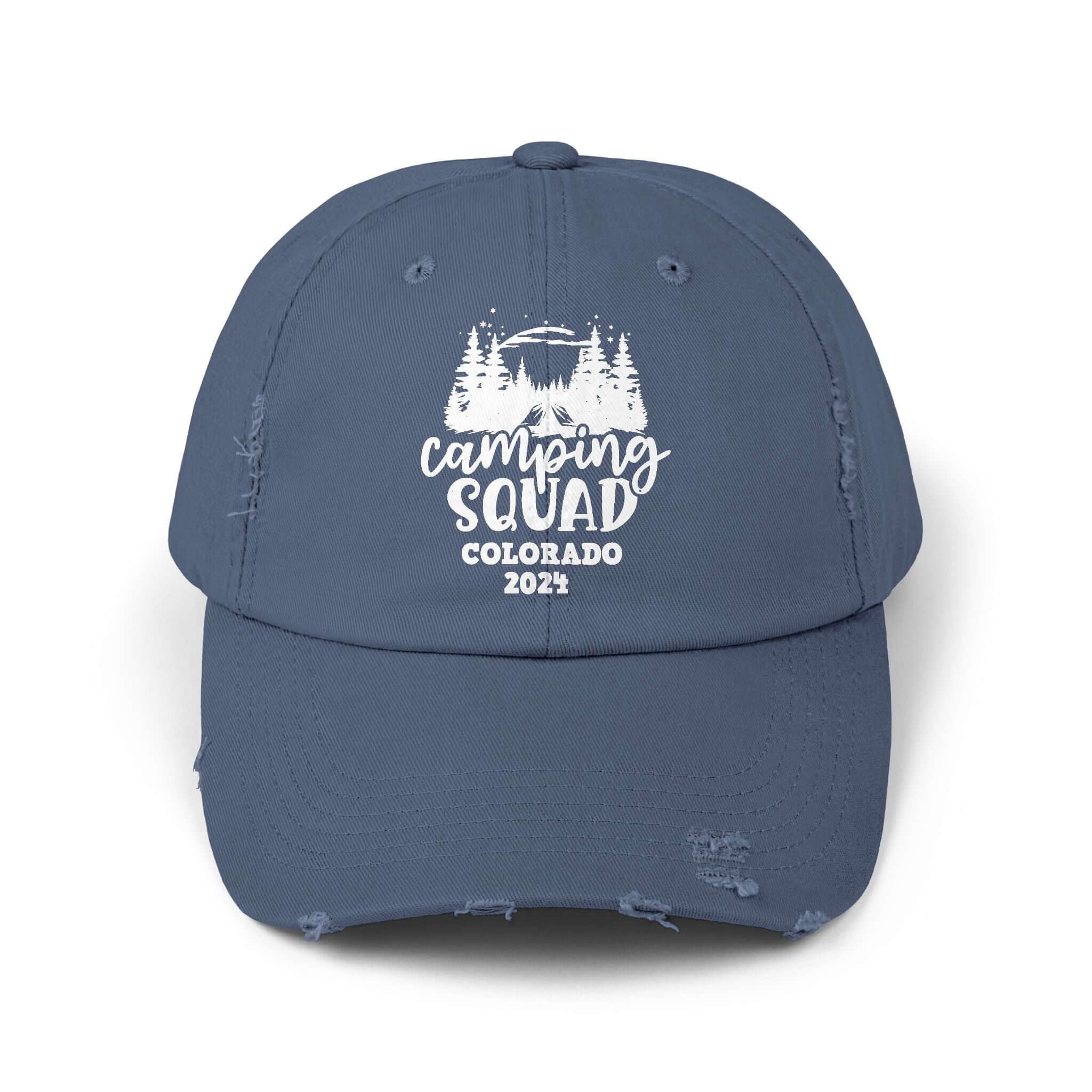 Camping Squad Colorado 2024 Cap, Group Vacation Travel Cap, Outdoor Vacay, Personalized Distressed Cap | Family, Friends & Group Travel Apparel & Accessories | Travel Lifestyle Store | FrappeToGo