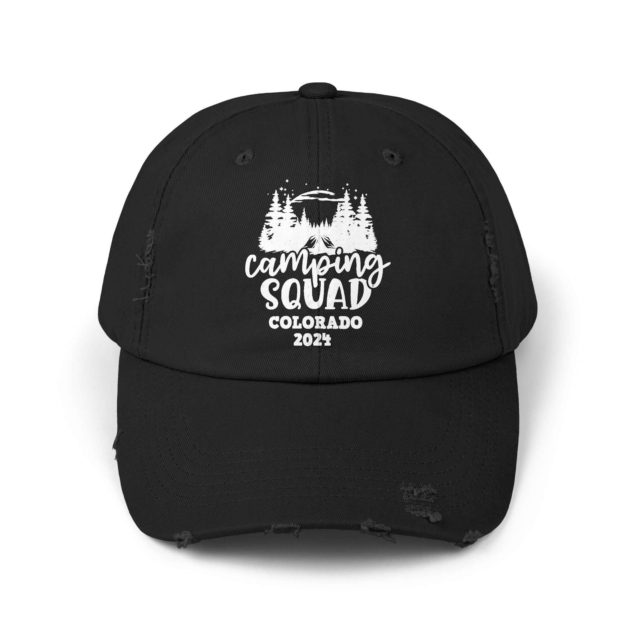 Camping Squad Colorado 2024 Cap, Group Vacation Travel Cap, Outdoor Vacay, Personalized Distressed Cap | Family, Friends & Group Travel Apparel & Accessories | Travel Lifestyle Store | FrappeToGo