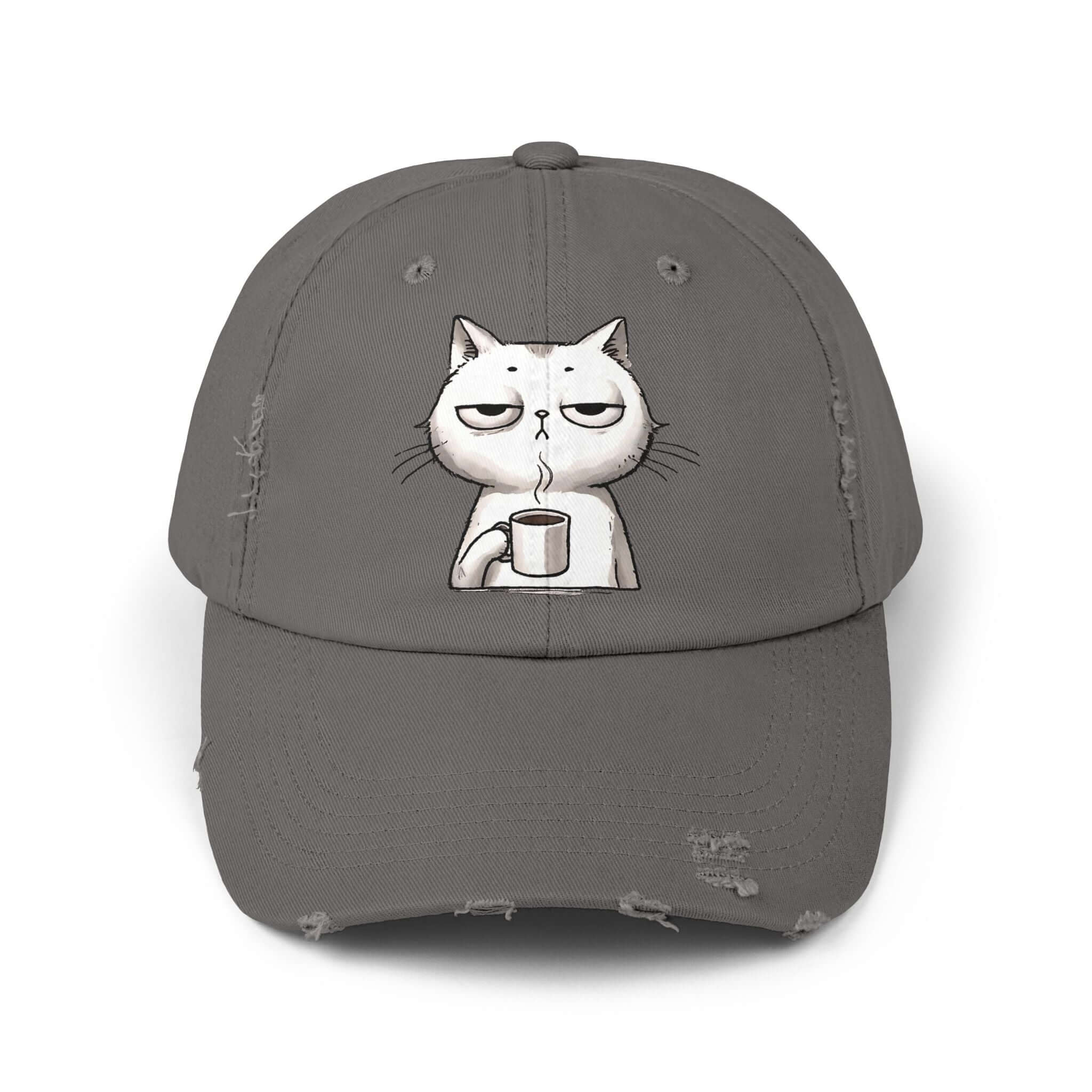 Funny Cat and Coffee Lover Cap, Cat Drinking Coffee, Unisex Distressed Cap, Do I Look Like I Fly Economy? | Family, Friends & Group Travel Apparel & Accessories | Travel Lifestyle Store | FrappeToGo